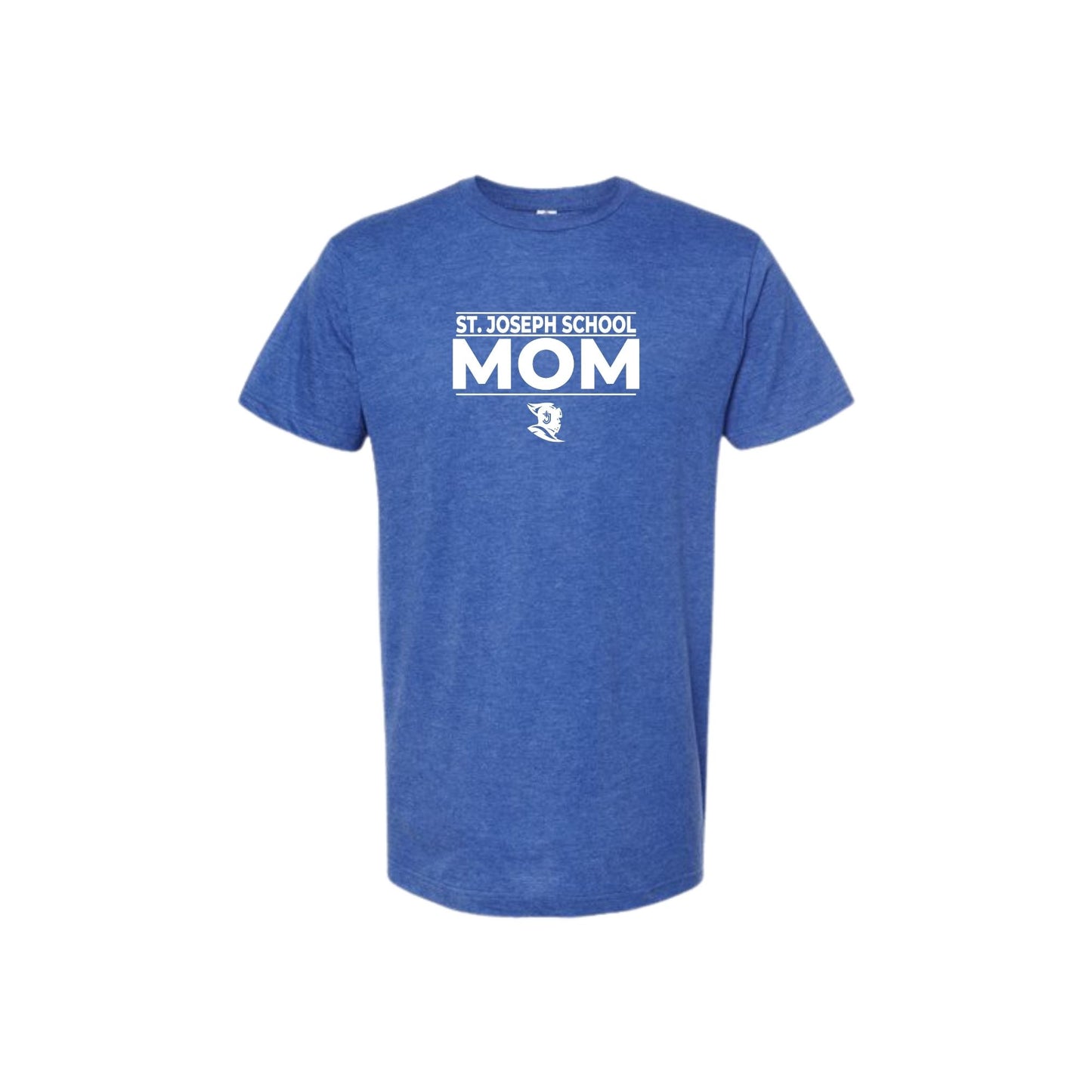 Blue t-shirt with 'St. Joseph School Mom' text on a white background