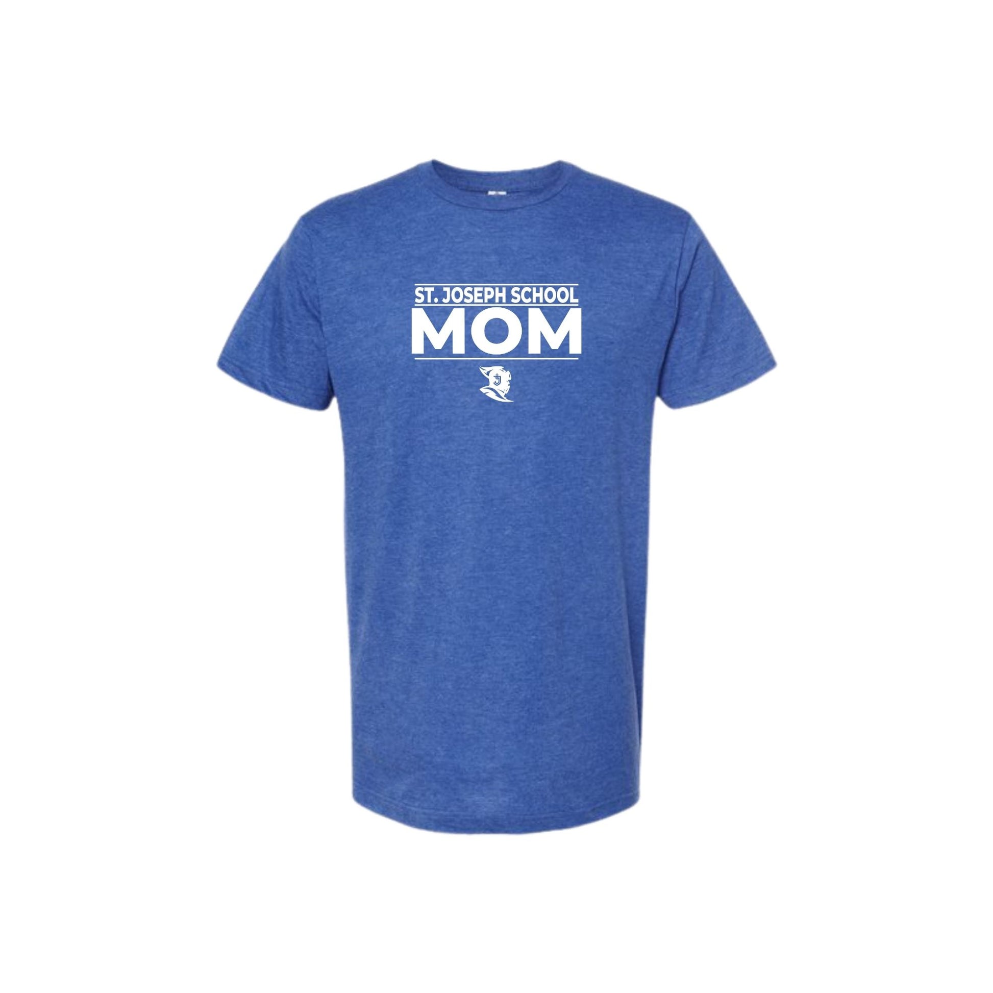 Blue t-shirt with 'St. Joseph School Mom' text on a white background