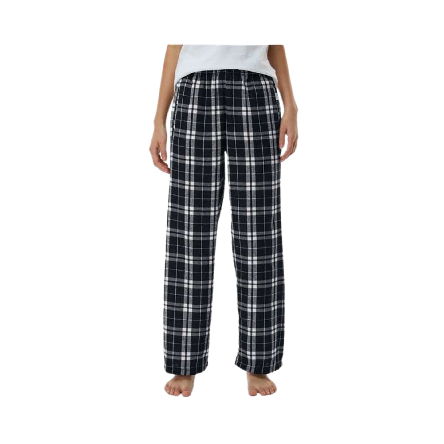 boy wearing black and white plaid pajama pants