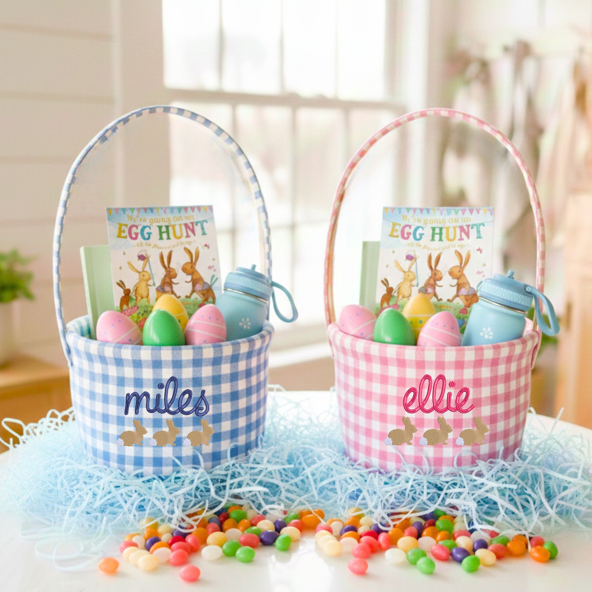 Two Easter baskets with personalized names, colorful eggs, and 'Egg Hunt' books on a light background.