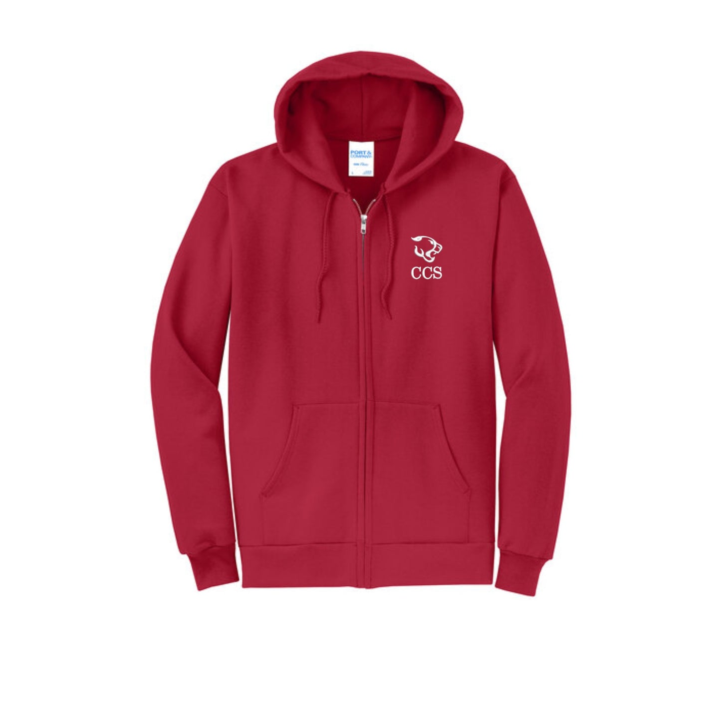 Red hoodie with a logo and 'CCS Cougars' embroidered logo on the left chest on a white background
