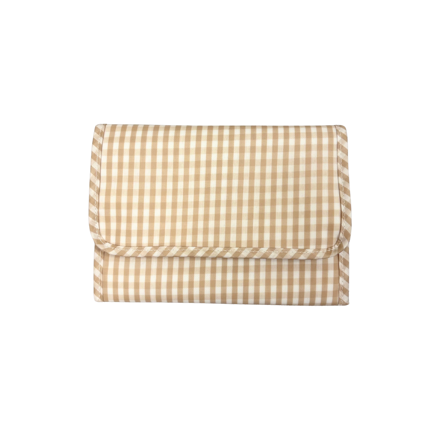Beige and white checkered pouch on a white background