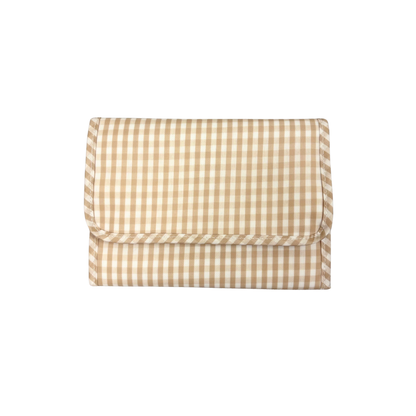 Beige and white checkered pouch on a white background