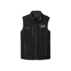 black fleece eddie bauer vest with custom sacred heart logo embroidered design in red and white thread on the left chest