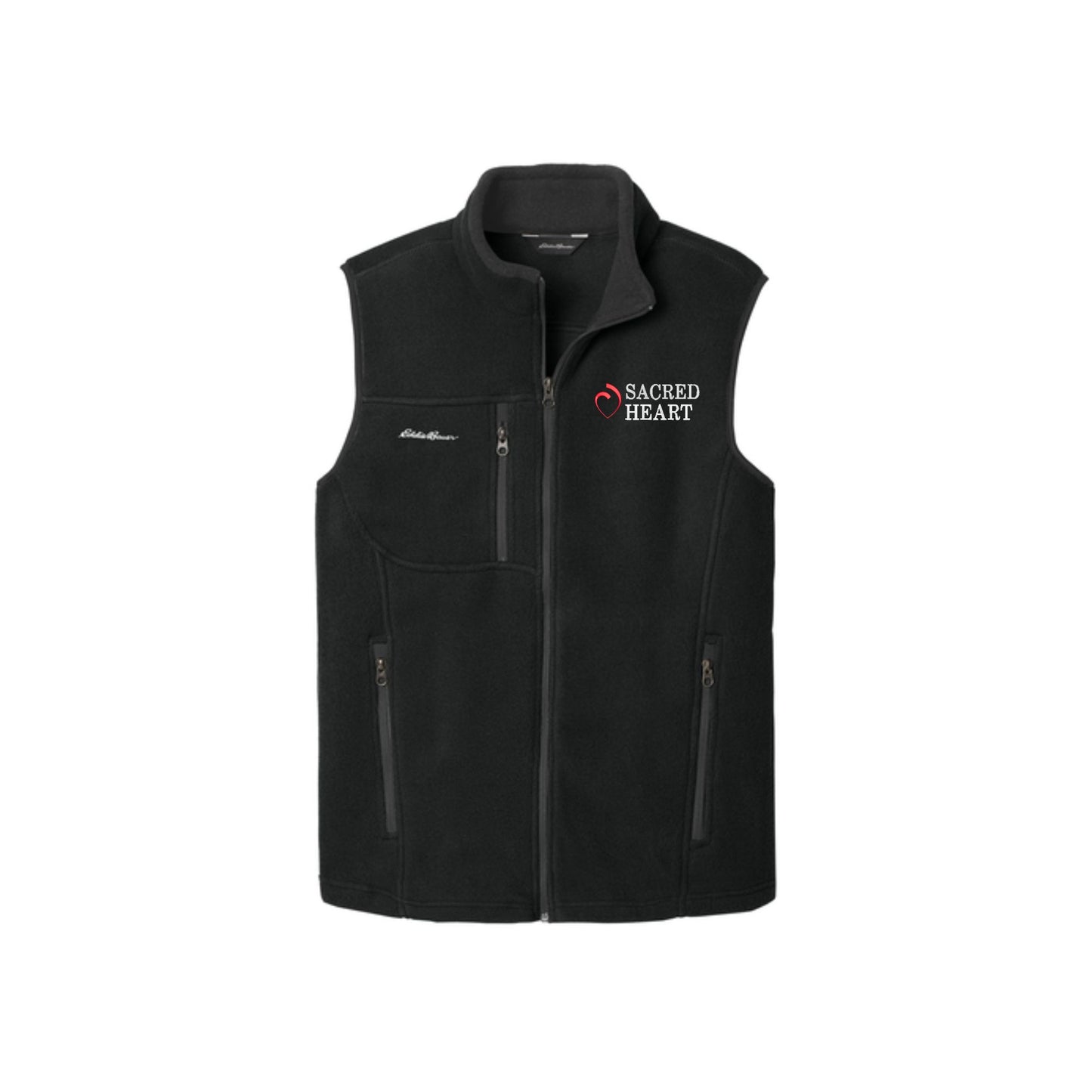 black fleece eddie bauer vest with custom sacred heart logo embroidered design in red and white thread on the left chest