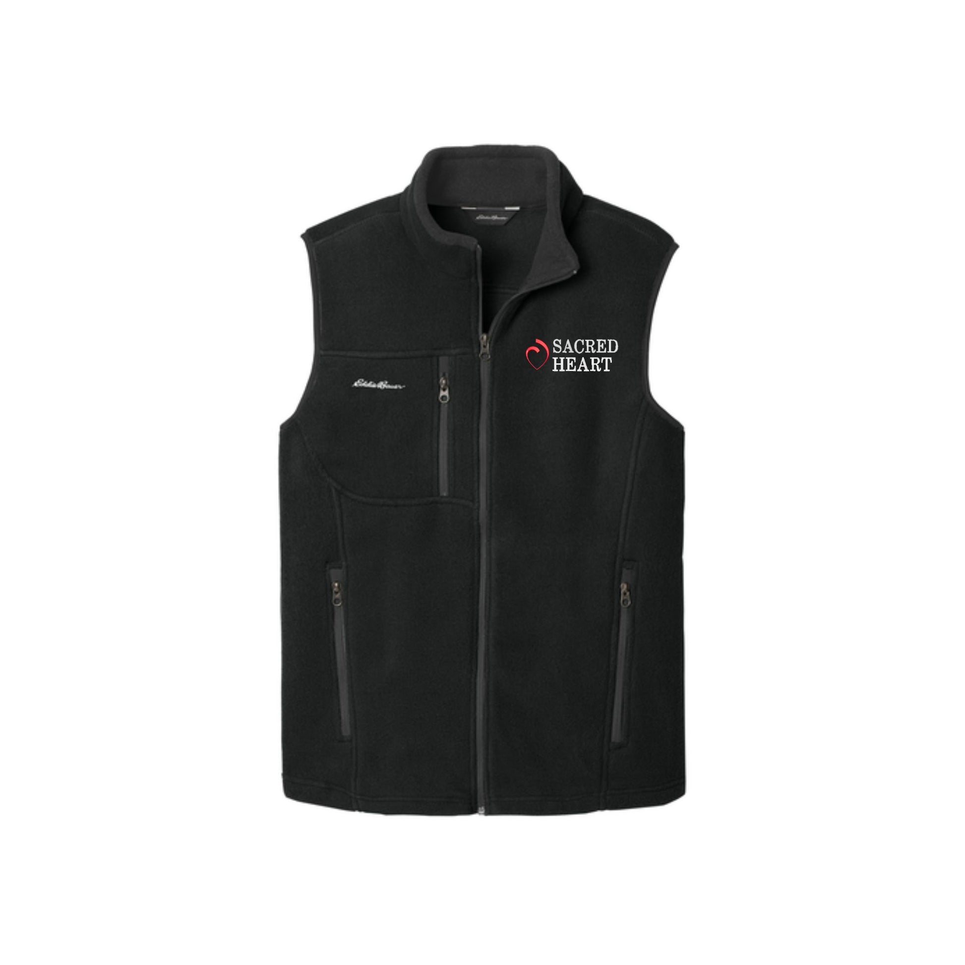 black fleece eddie bauer vest with custom sacred heart logo embroidered design in red and white thread on the left chest