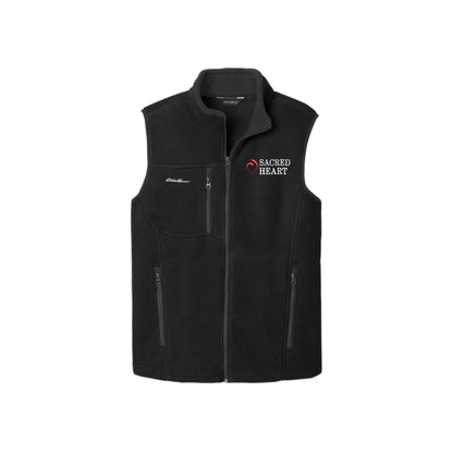 black fleece eddie bauer vest with custom sacred heart logo embroidered design in red and white thread on the left chest