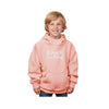 Child wearing a pink hoodie with text on a white background