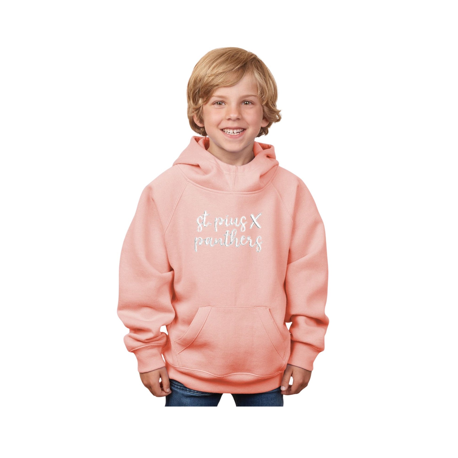 Child wearing a pink hoodie with text on a white background