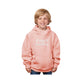 Child wearing a pink hoodie with text on a white background