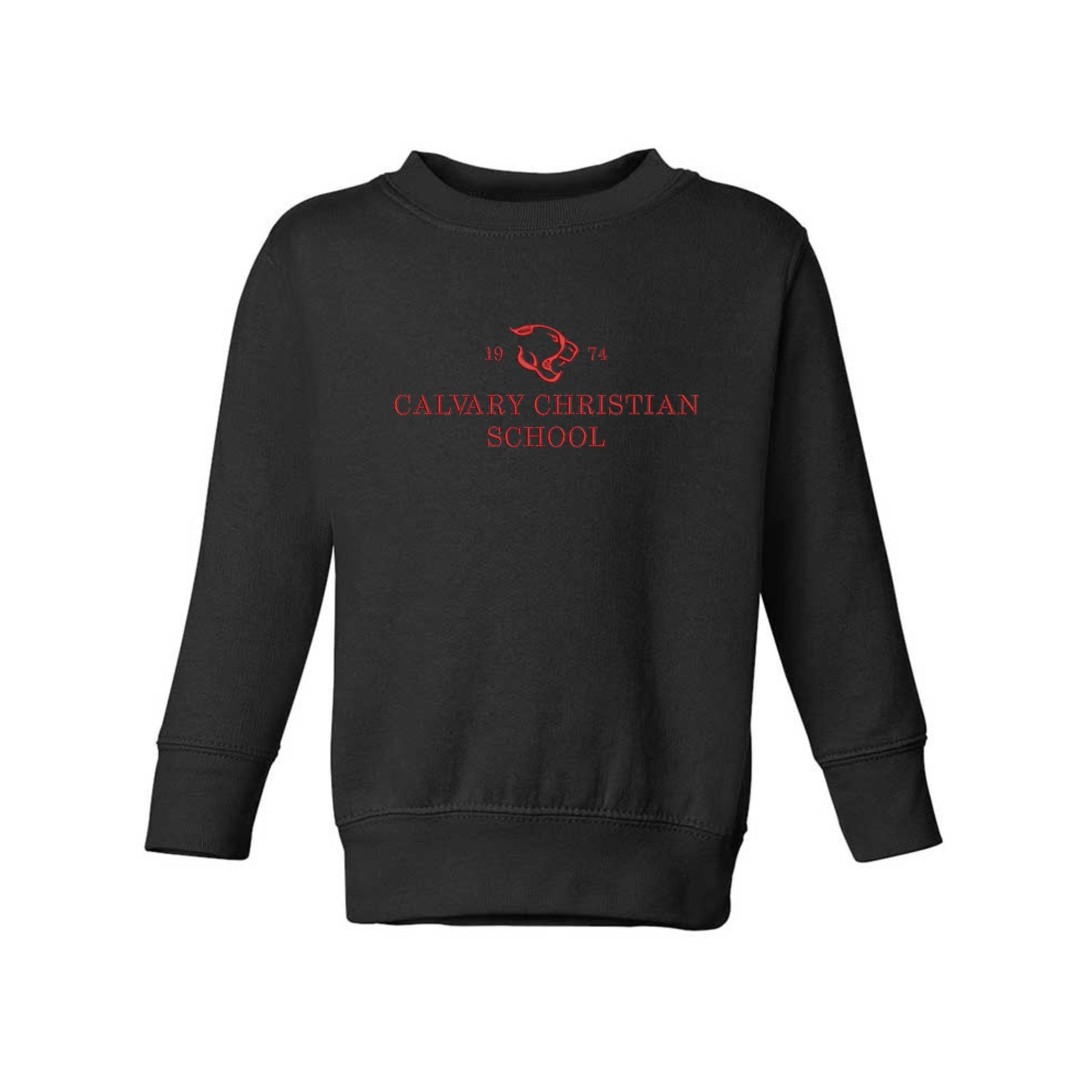 black toddler crewneck sweatshirt with embroiere Calvary Christian design across the chest