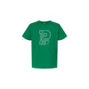 Green t-shirt with a white logo on a white background