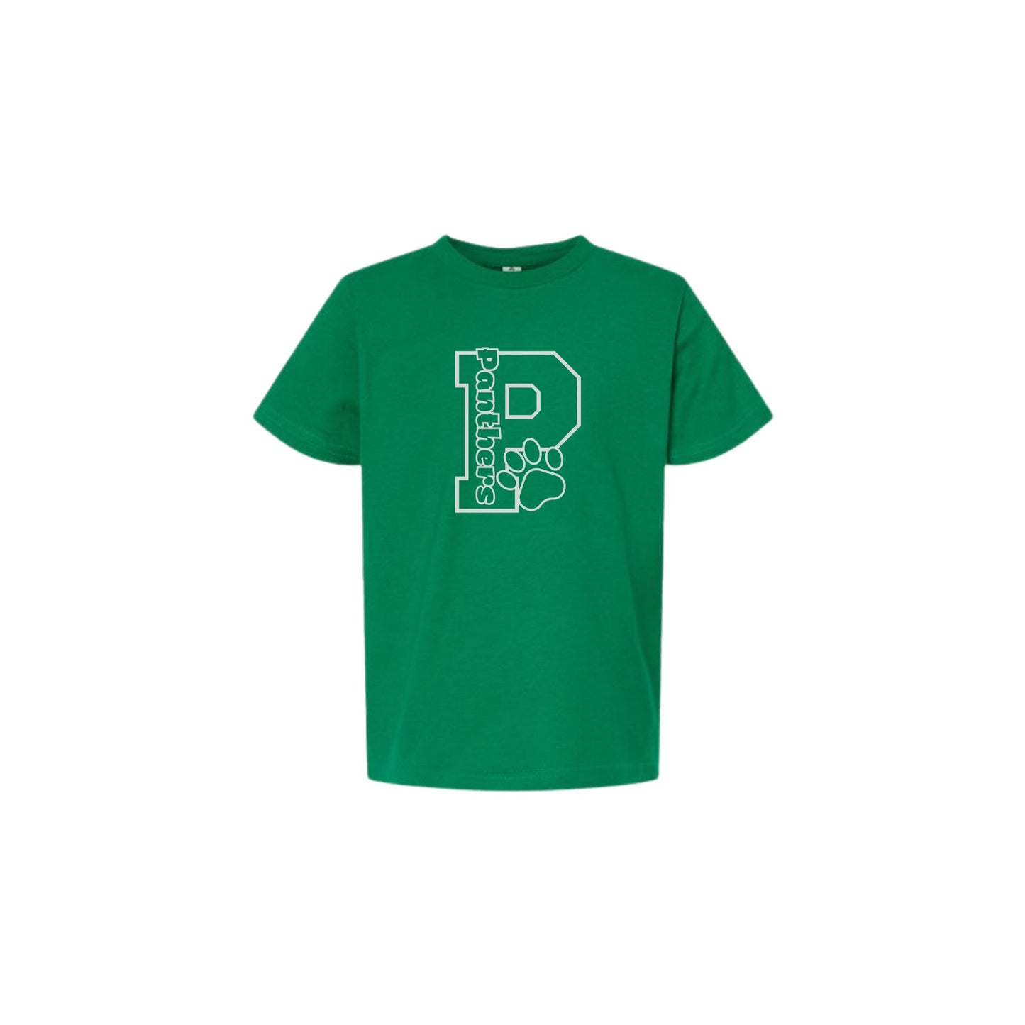 Green t-shirt with a white logo on a white background