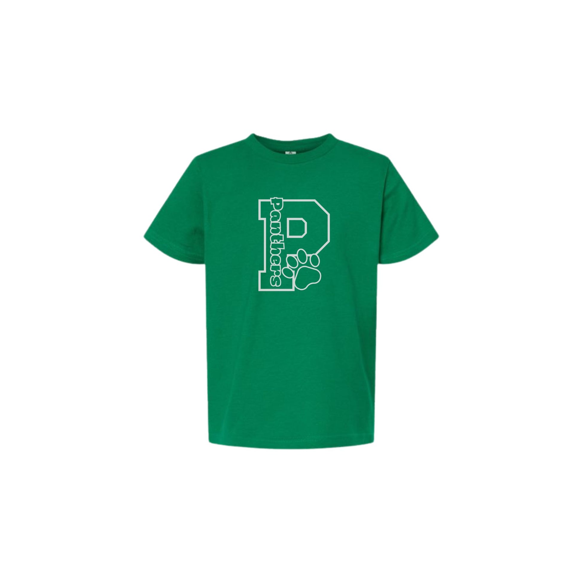 Green t-shirt with a white logo on a white background