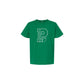 Green t-shirt with a white logo on a white background