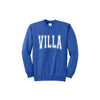 Blue sweatshirt with 'VILLA' printed on it against a white background