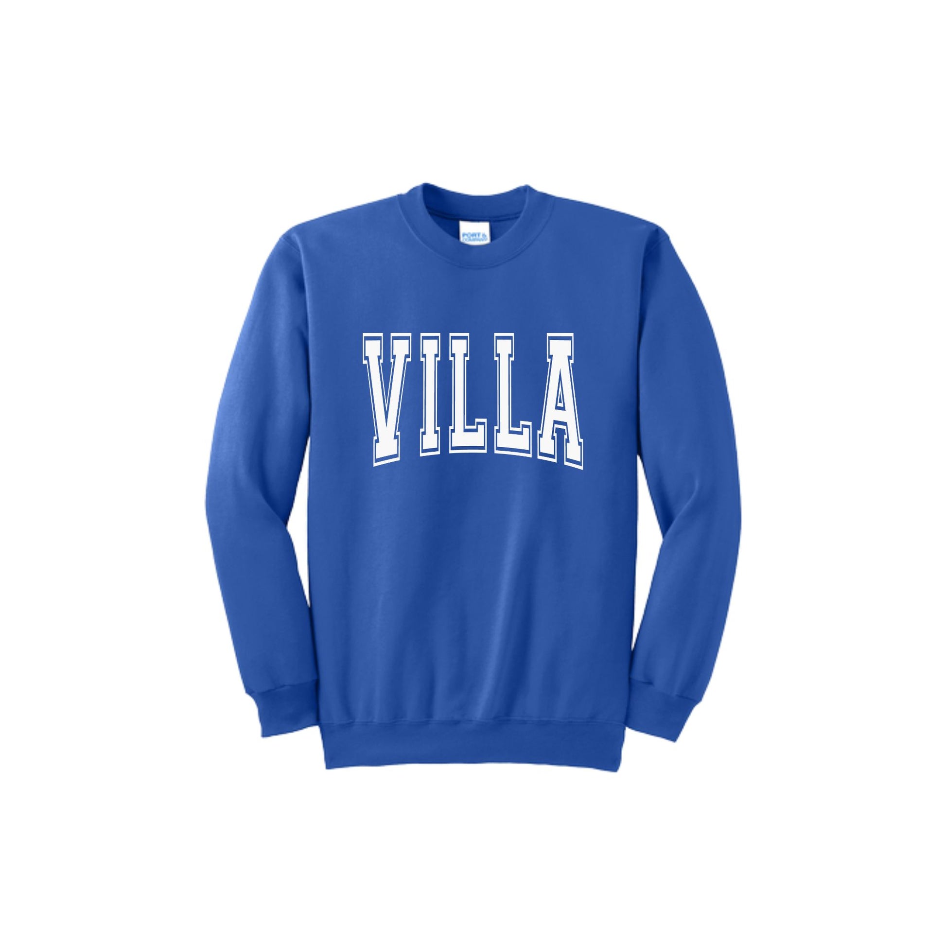 Blue sweatshirt with 'VILLA' printed on it against a white background