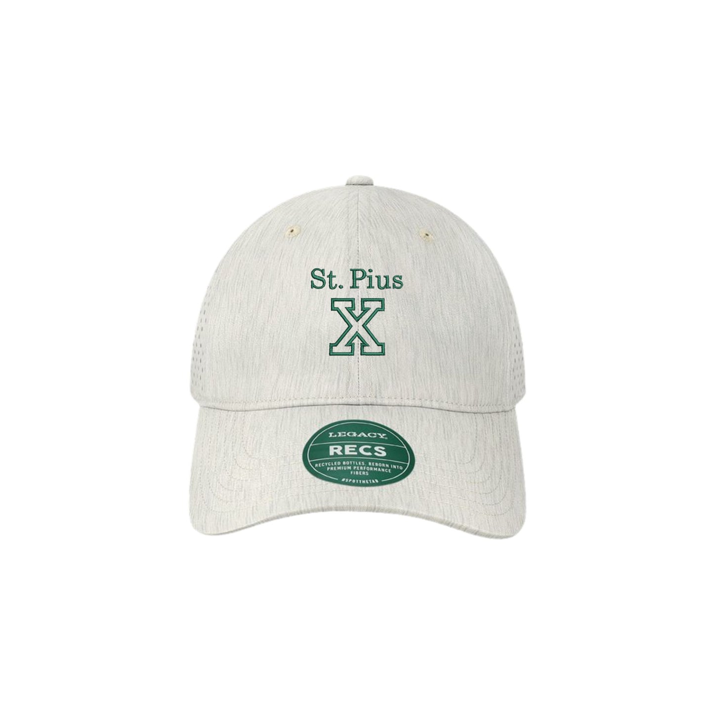 eco sand cap with 'St. Pius X' logo on a white background