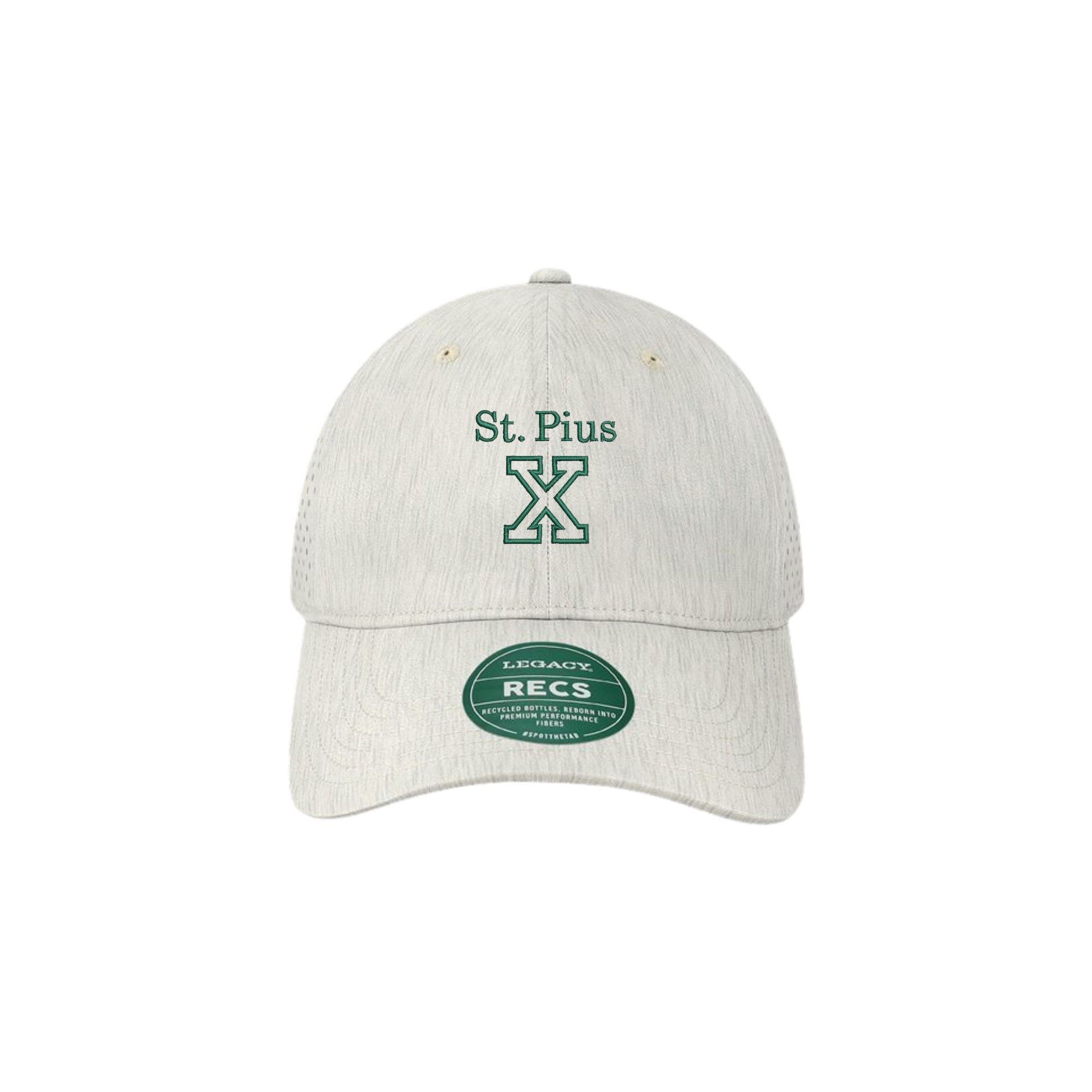 eco sand cap with 'St. Pius X' logo on a white background
