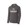 Gray hooded performance long sleeve with 'Cavaliers Basketball' and outlined basketball and SJS icon printed design in white ink on the front center chest