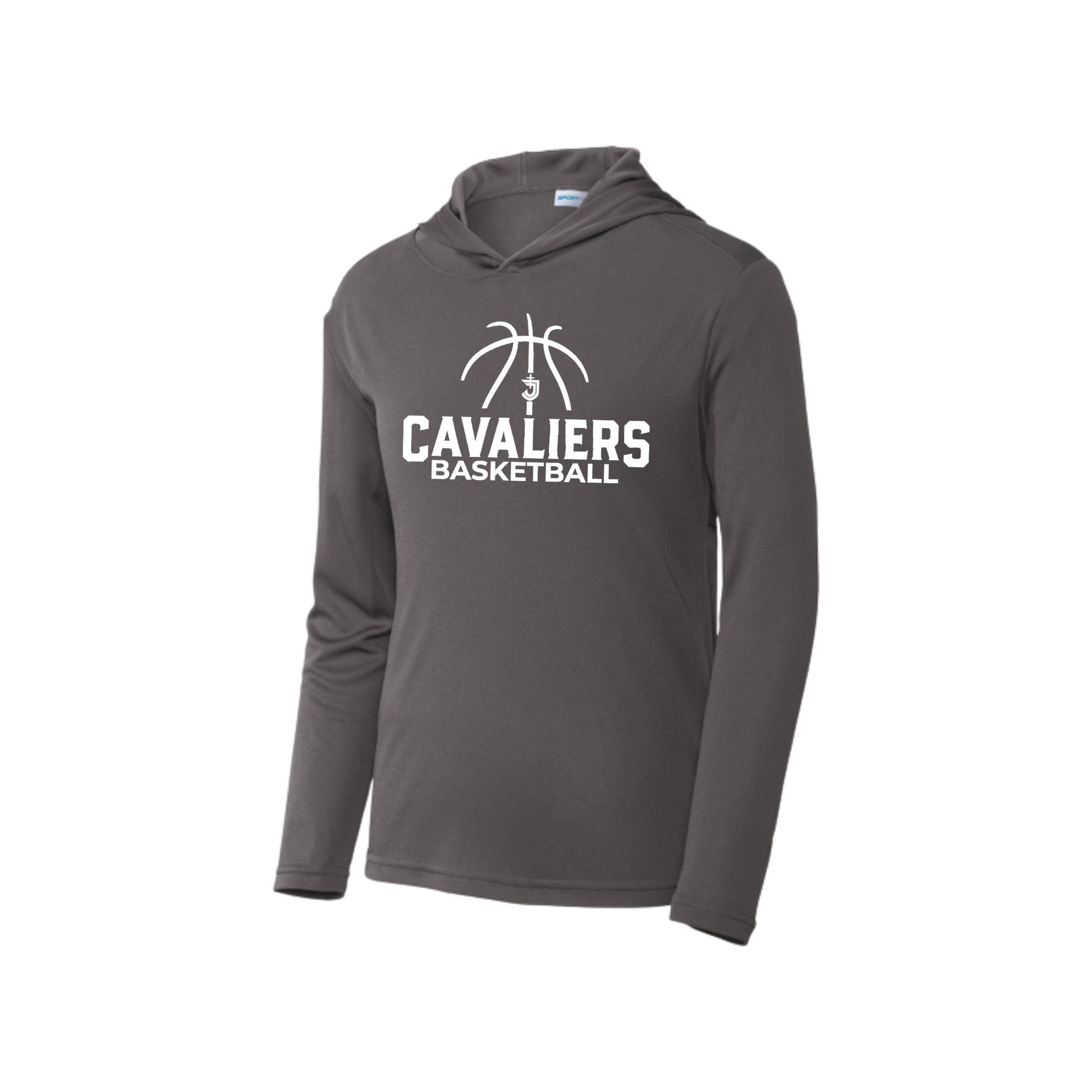 Gray hooded performance long sleeve with 'Cavaliers Basketball' and outlined basketball and SJS icon printed design in white ink on the front center chest