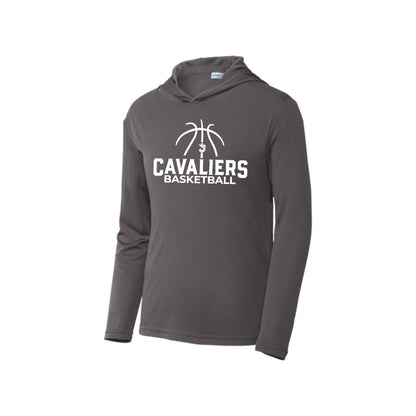 Gray hooded performance long sleeve with 'Cavaliers Basketball' and outlined basketball and SJS icon printed design in white ink on the front center chest