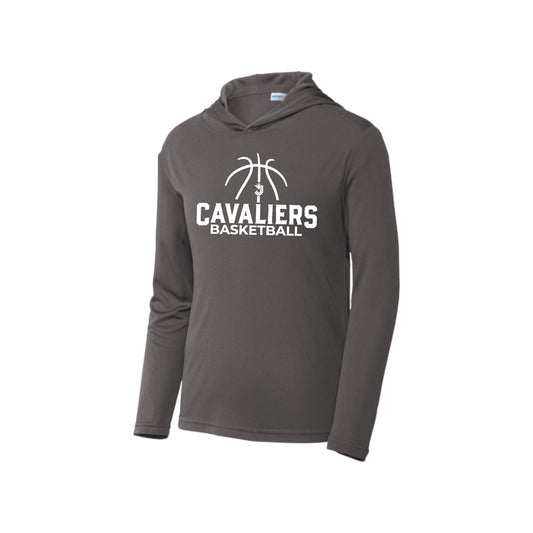 Gray hooded performance long sleeve with 'Cavaliers Basketball' and outlined basketball and SJS icon printed design in white ink on the front center chest