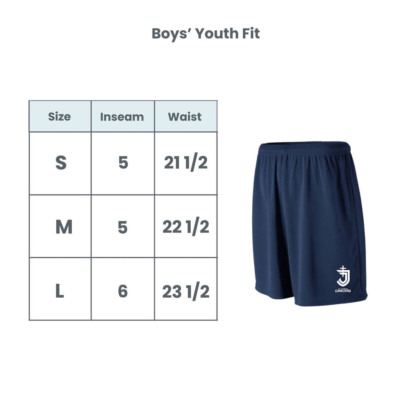 Navy blue shorts with a logo on a white background, accompanied by a size chart.