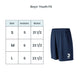 Navy blue shorts with a logo on a white background, accompanied by a size chart.