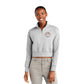woman wearing an athletic heather cropped quarter zip with custom printed sacred heart schools heart logo on the left chest in black and red ink