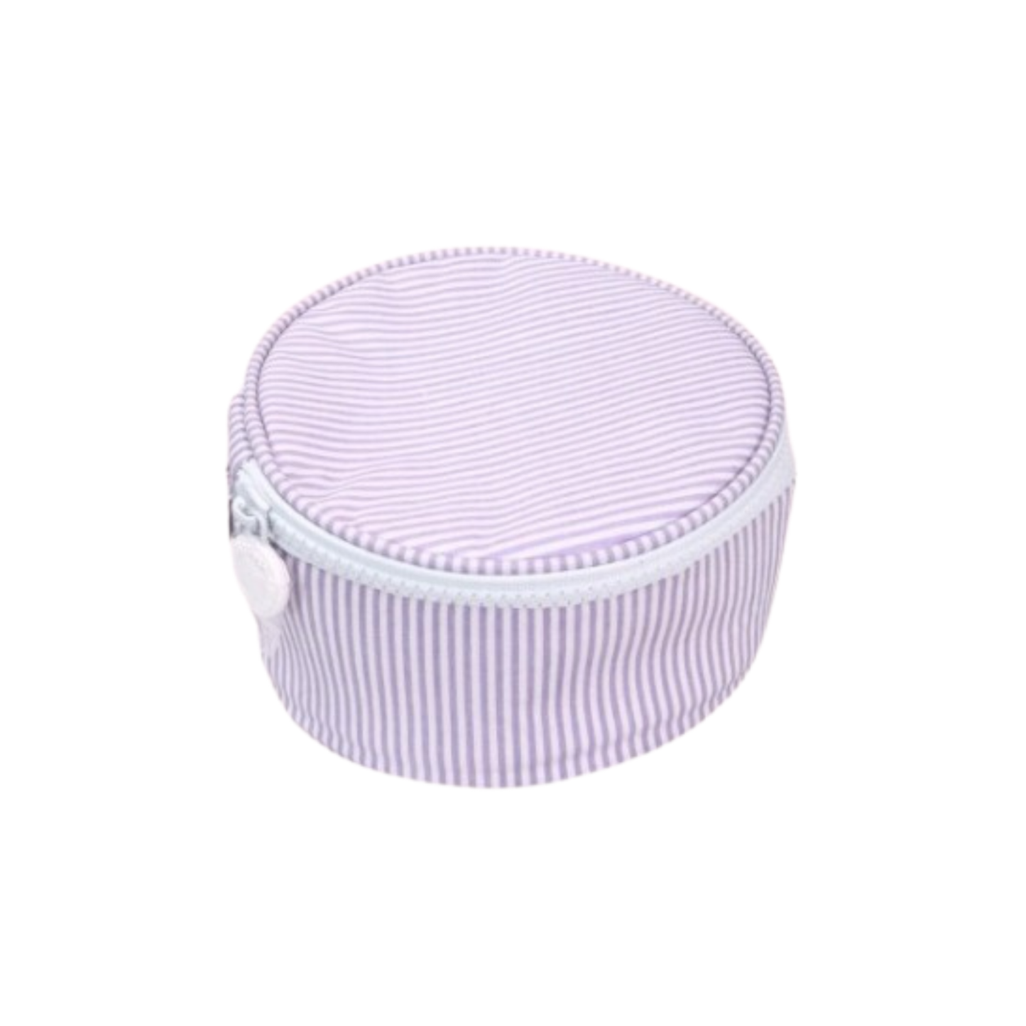 Round purple striped fabric case with a white zipper on a white background