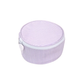 Round purple striped fabric case with a white zipper on a white background
