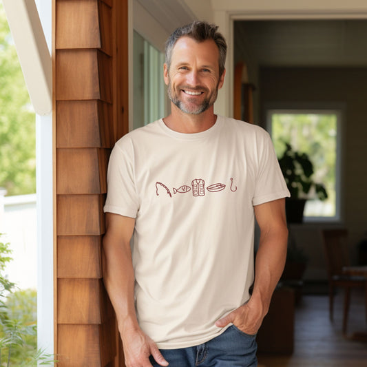man wearing an ivory comfort colors t-shirt with custom fishing icons printed design across the chest. design featuring a fishing rod, fish, vest, boat, and hook in crimson ink