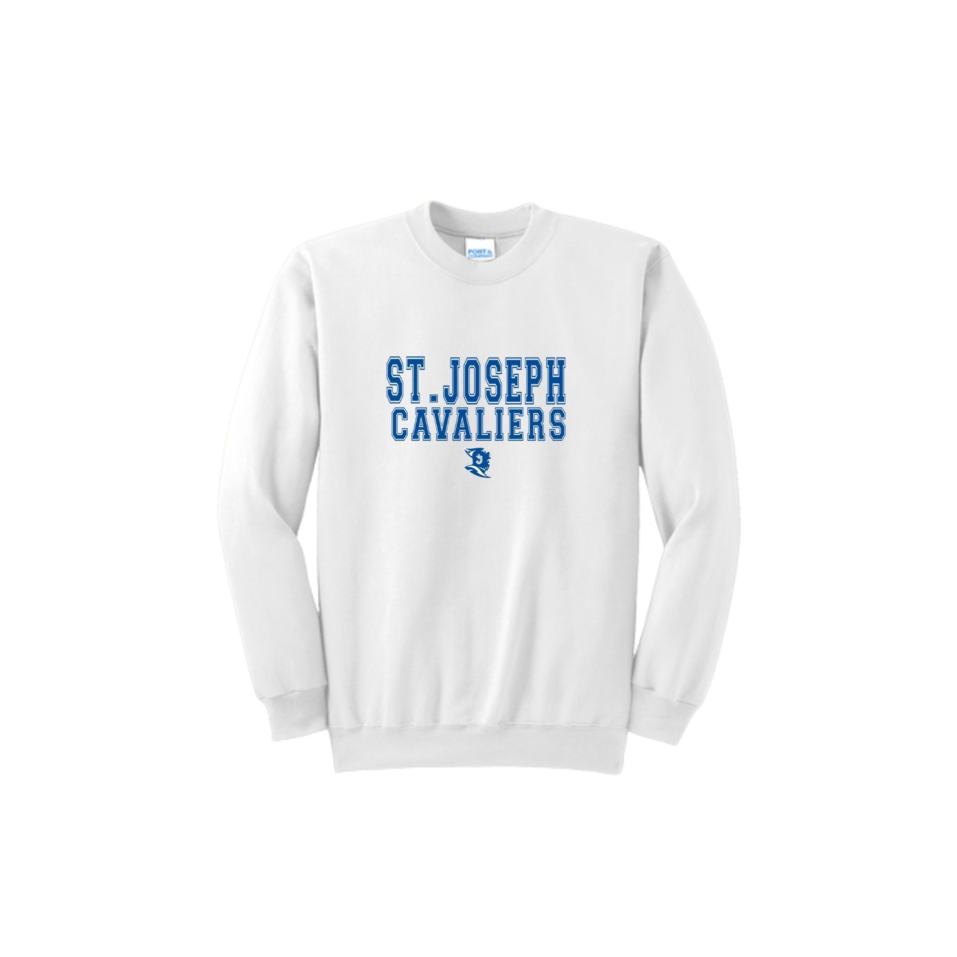 White sweatshirt with 'St. Joseph Cavaliers' text on a white background