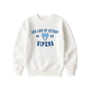 A bleached linen crewneck sweatshirt featuring a blue graphic print on the front with the text 'OUR LADY OF VICTORY', '1853', a snake head logo, and 'VIPERS'