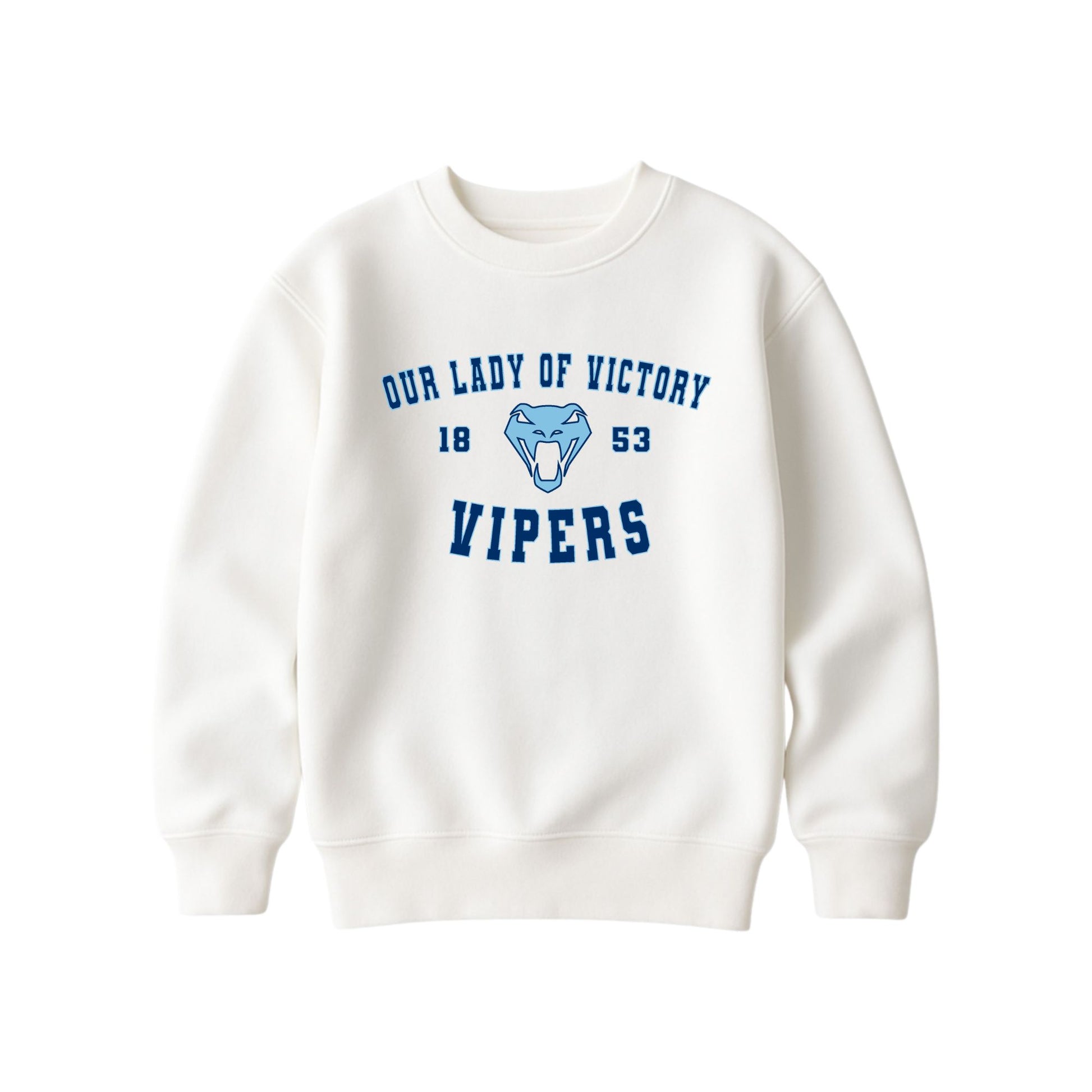 A bleached linen crewneck sweatshirt featuring a blue graphic print on the front with the text 'OUR LADY OF VICTORY', '1853', a snake head logo, and 'VIPERS'