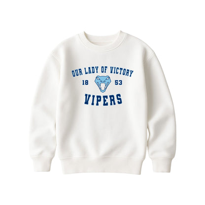 A bleached linen crewneck sweatshirt featuring a blue graphic print on the front with the text 'OUR LADY OF VICTORY', '1853', a snake head logo, and 'VIPERS'