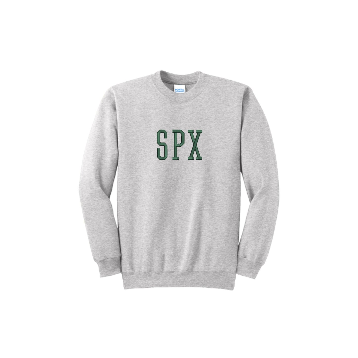 Gray sweatshirt with 'SPX' printed on it against a white background