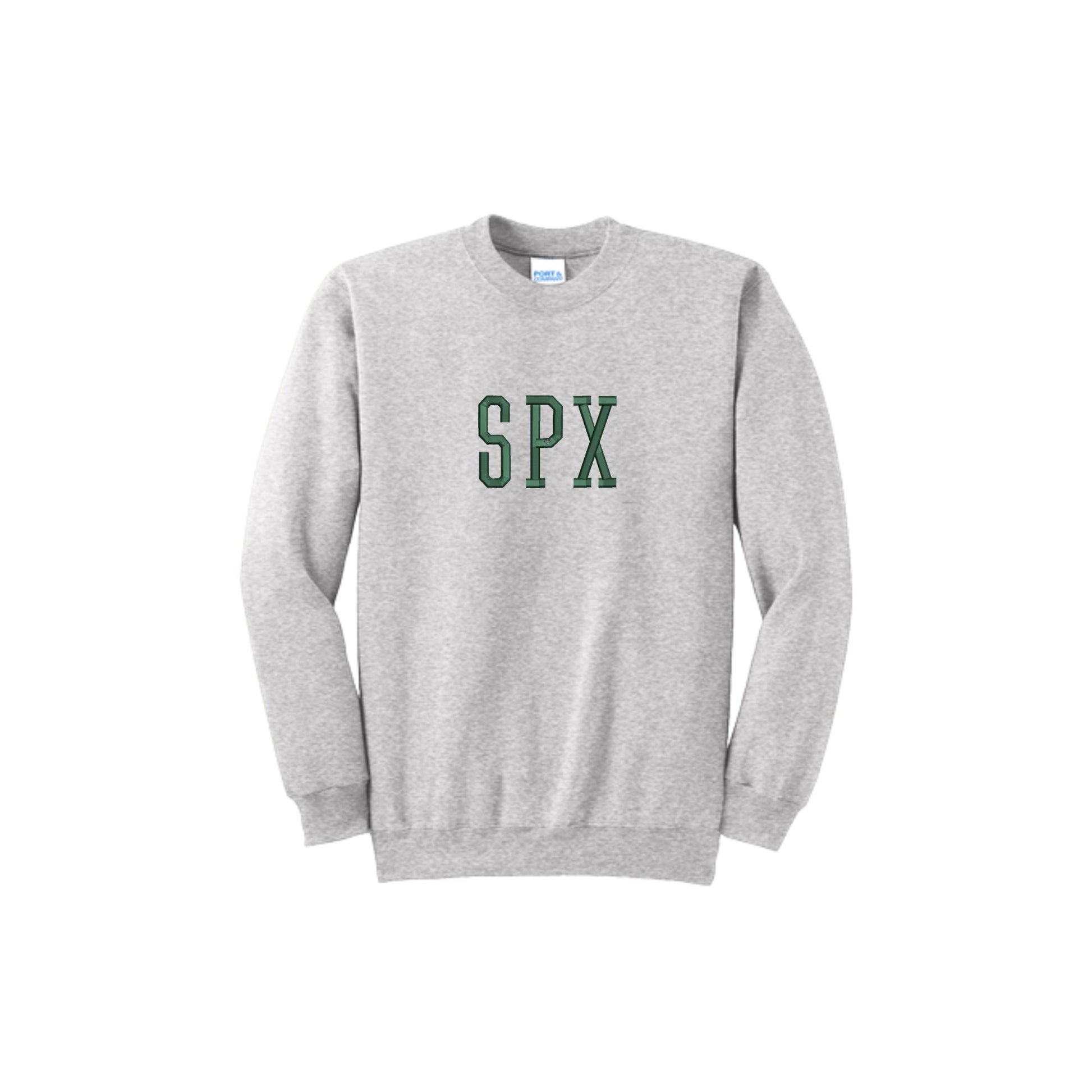 Gray sweatshirt with 'SPX' printed on it against a white background