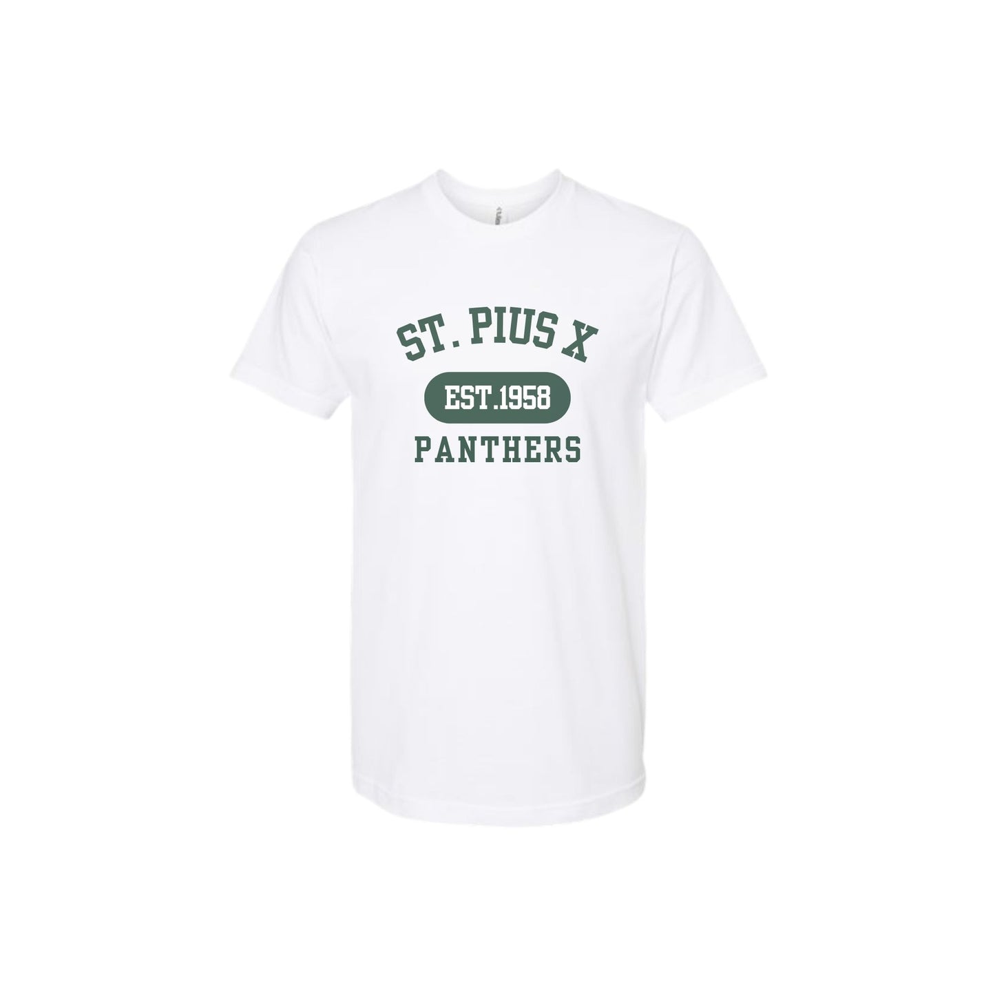 White t-shirt with 'St. Pius X Panthers' text on a white background