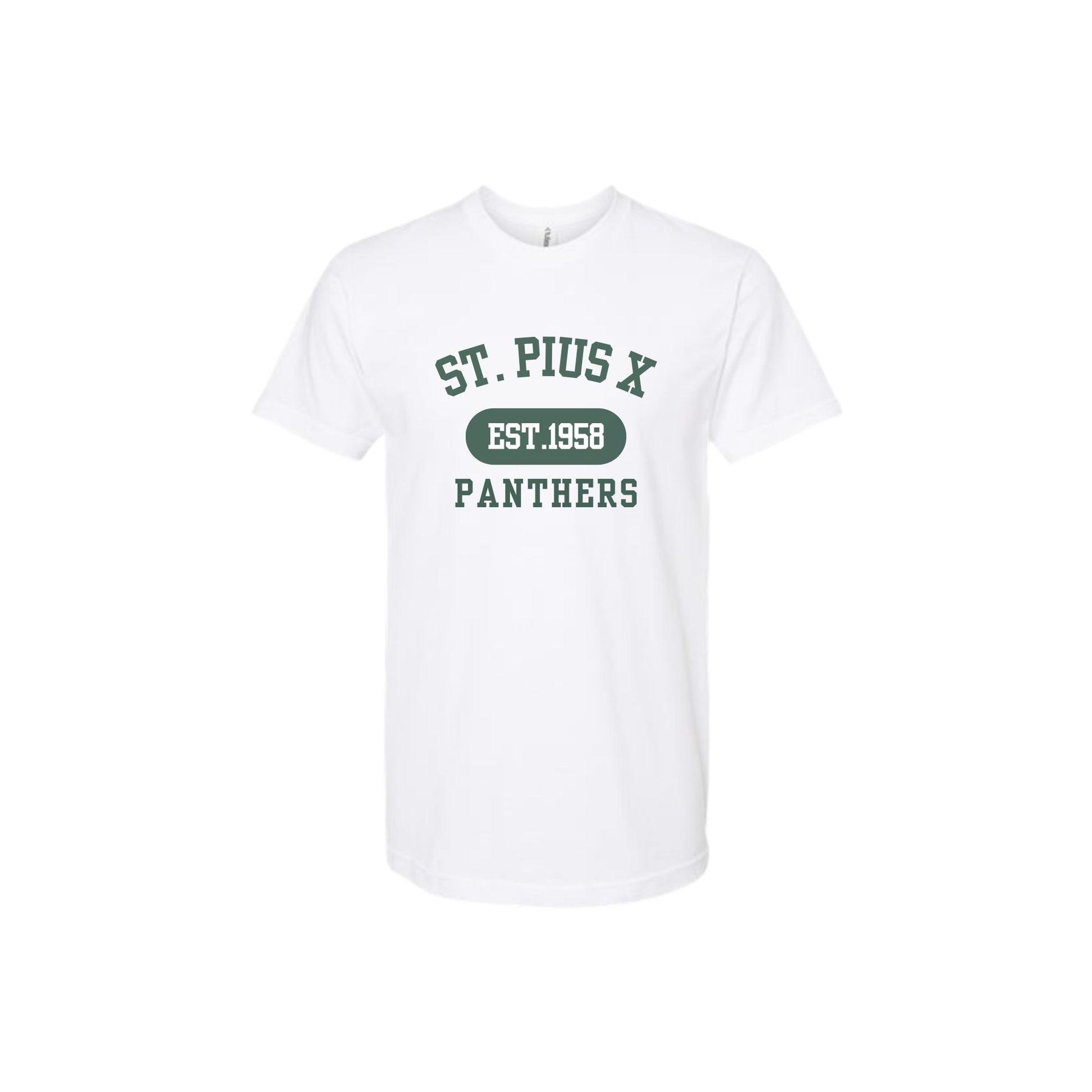 White t-shirt with 'St. Pius X Panthers' text on a white background