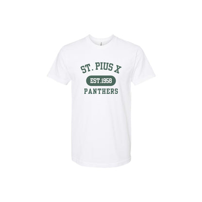 White t-shirt with 'St. Pius X Panthers' text on a white background