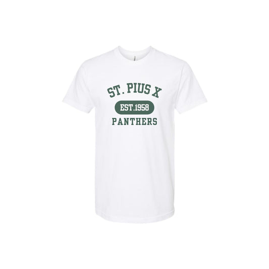 White t-shirt with 'St. Pius X Panthers' text on a white background