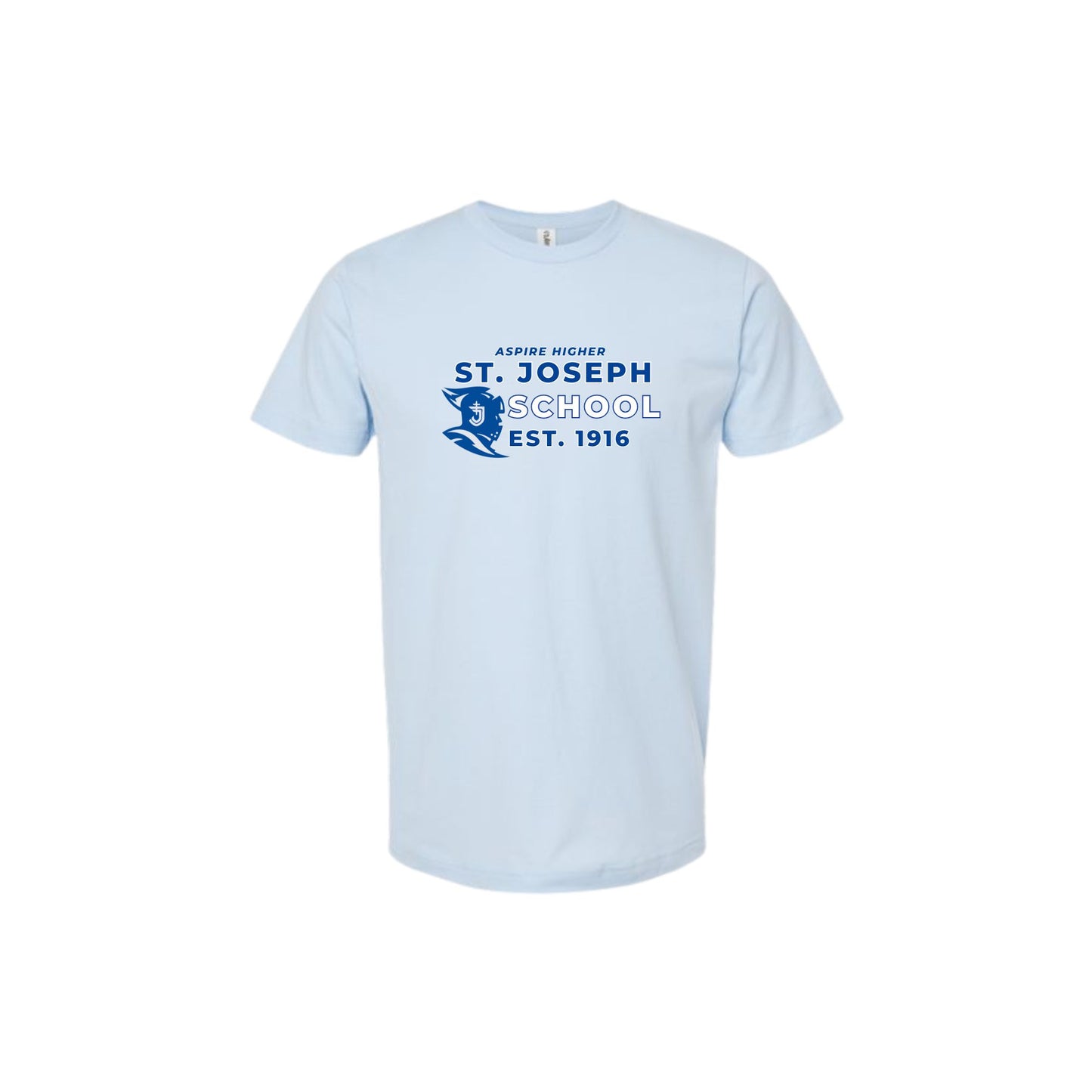 Light blue t-shirt with 'St. Joseph School' logo and text on a white background