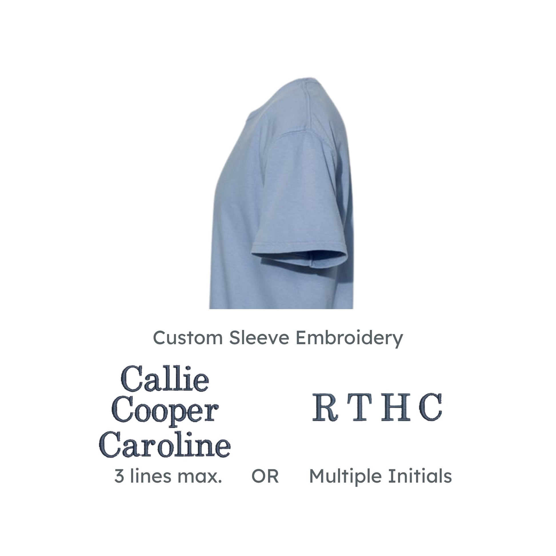 custom sleeve embroidery options: 3 lines of names or multiple initials
