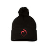 black pom-pom cuffed beanie with the sacred heart schools heart logo embroidered on the cuff in red thread