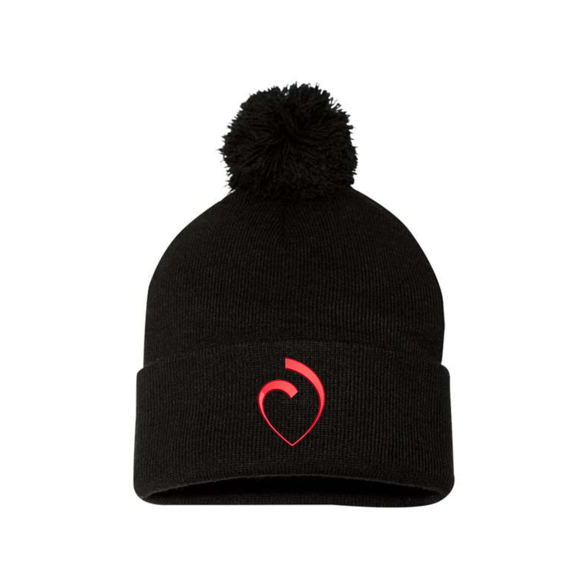 black pom-pom cuffed beanie with the sacred heart schools heart logo embroidered on the cuff in red thread