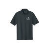 black polo shirt with sjs logo embroidered on a white background