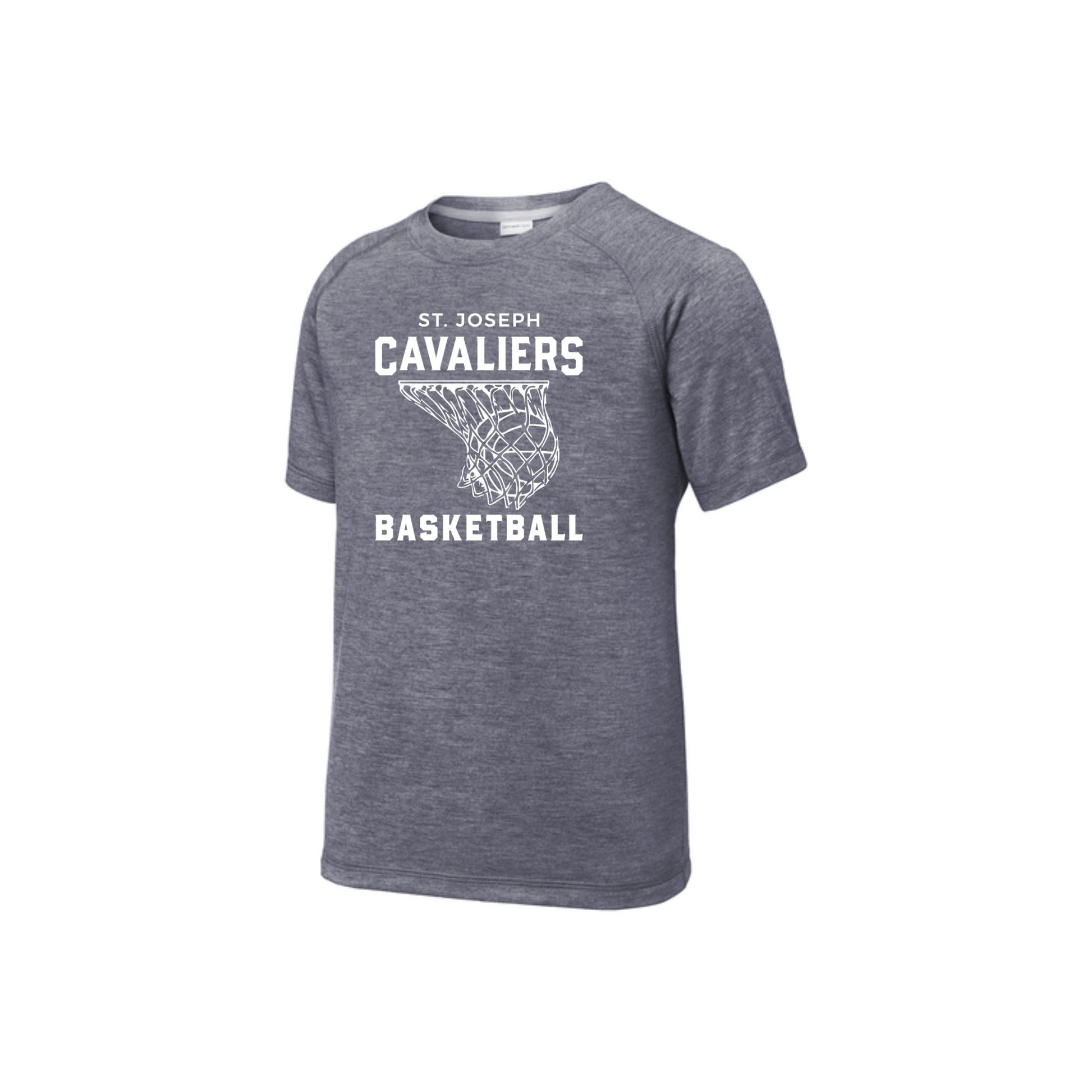 light heather navy t-shirt with 'St. Joseph Cavaliers Basketball' text and basketball/net design printed in white ink on the center chest