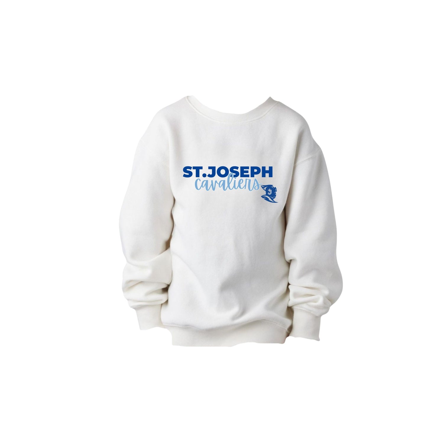 white sweatshirt with 'St. Joseph Cavaliers' printed in a mixed text design and the SJS logo